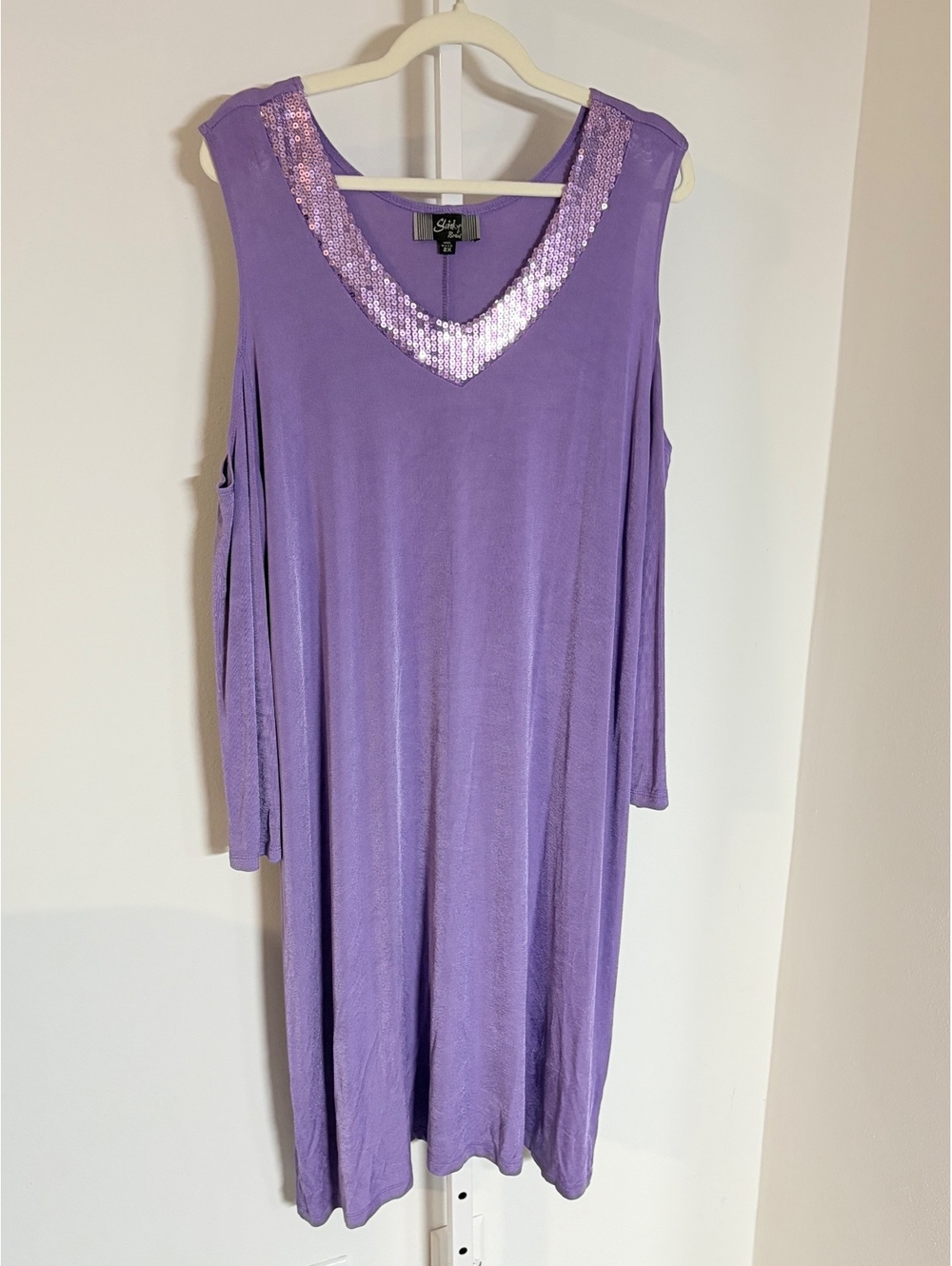 Slinky Brand Purple Cold Shoulder Dress with Sequin V-Neck, Size 2X
